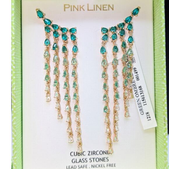 Pink Linen Green Ombre CZ Glass Stones Crawler Cascading Pierced 3" Earrings - Picture 3 of 3